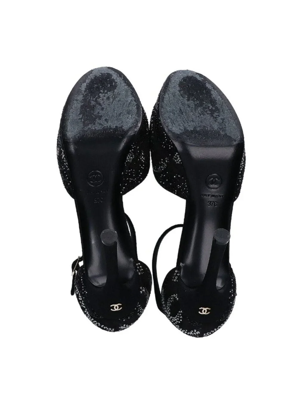 Chanel Suede Leather CC Logo Rhinestone Sandals 37c